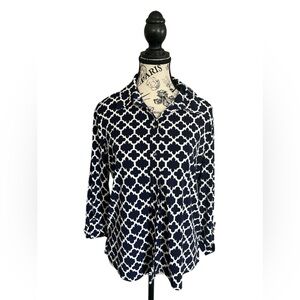 Vintage Alia blue and white four clover blouse, button down. Petite 12